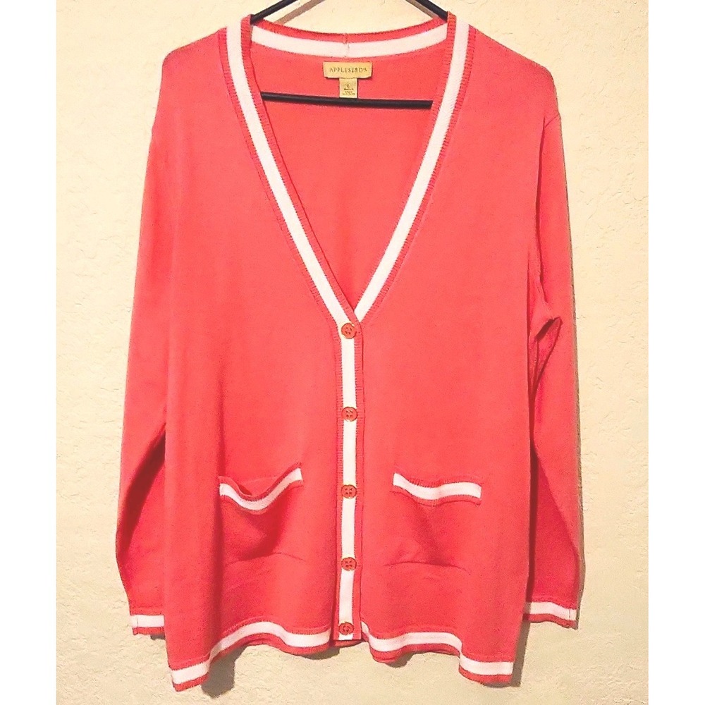 Appleseed's Pink/White V-Neck Button Front Knit Cardigan w/ Pockets L